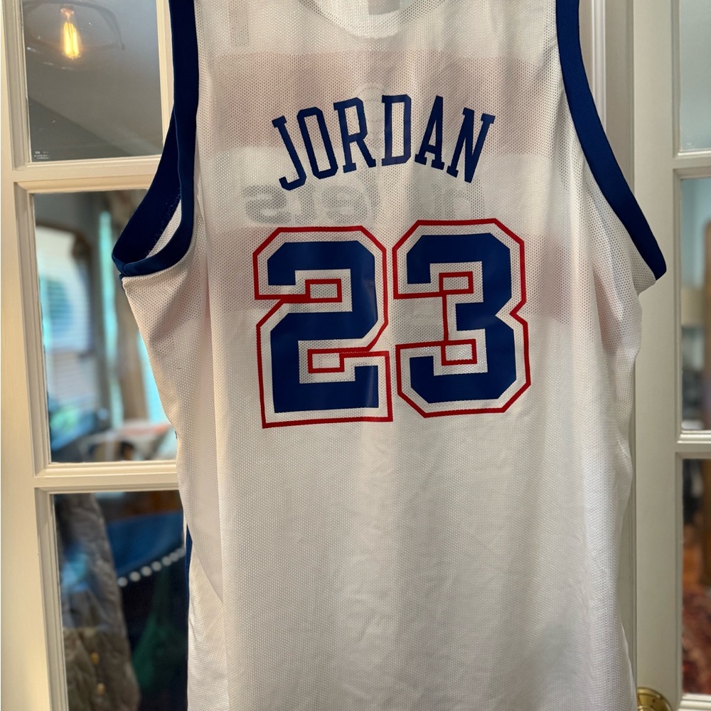 Jordan White Jersey with Blue and Red Accents
